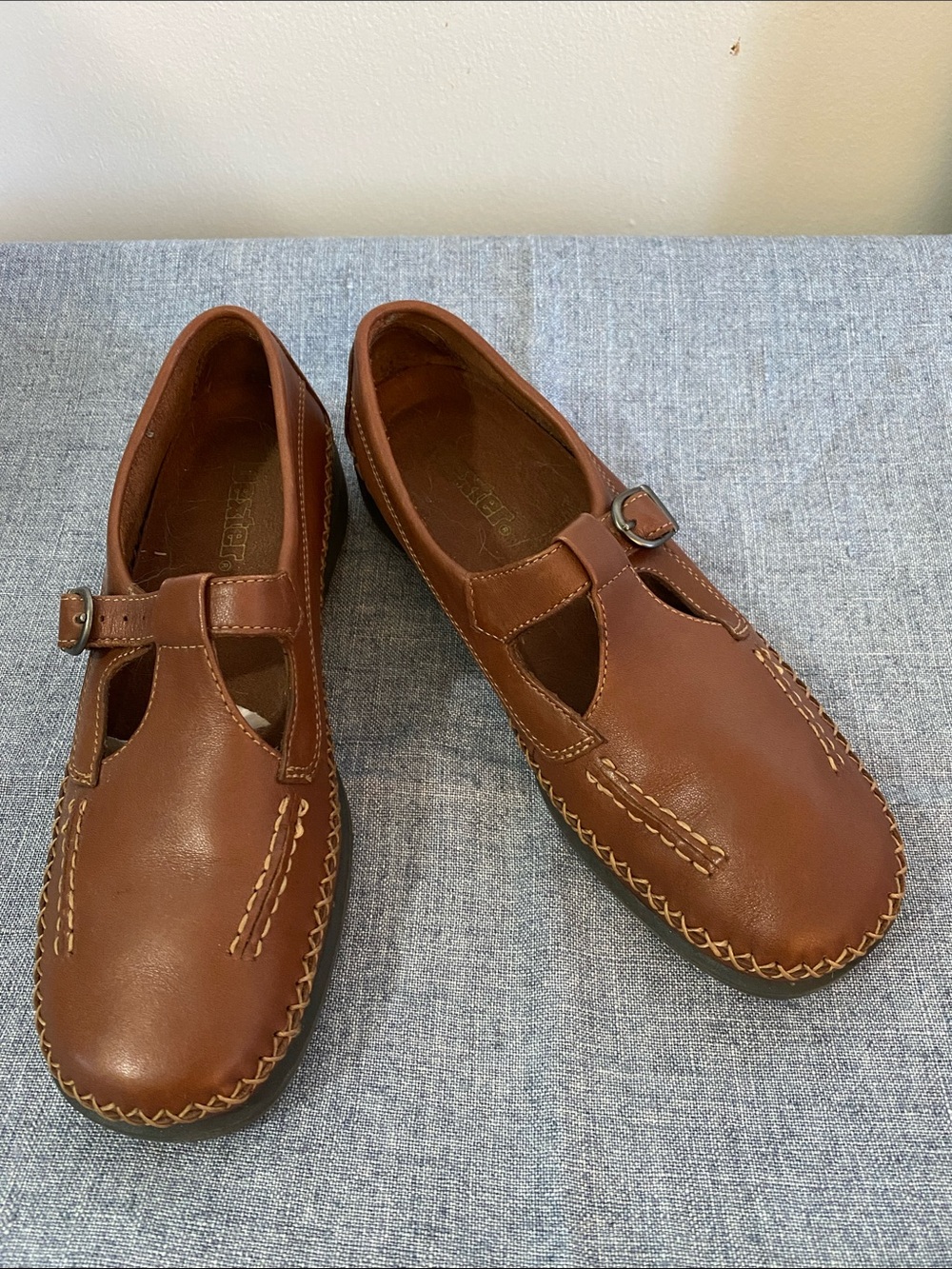 Dexter Brown Leather T-Strap Flats